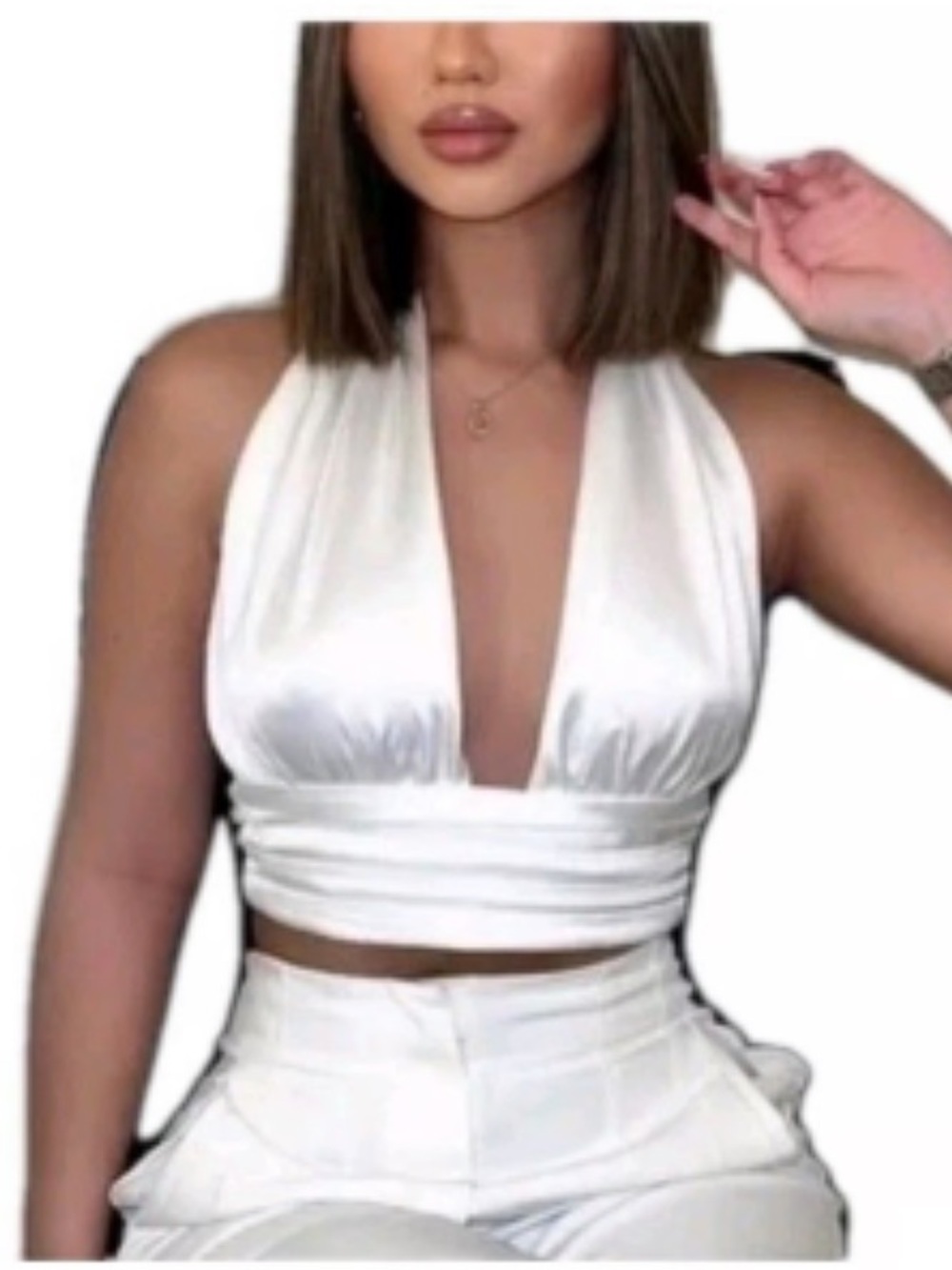 Zara Women's Satin Ivory Halter Crop Top - White